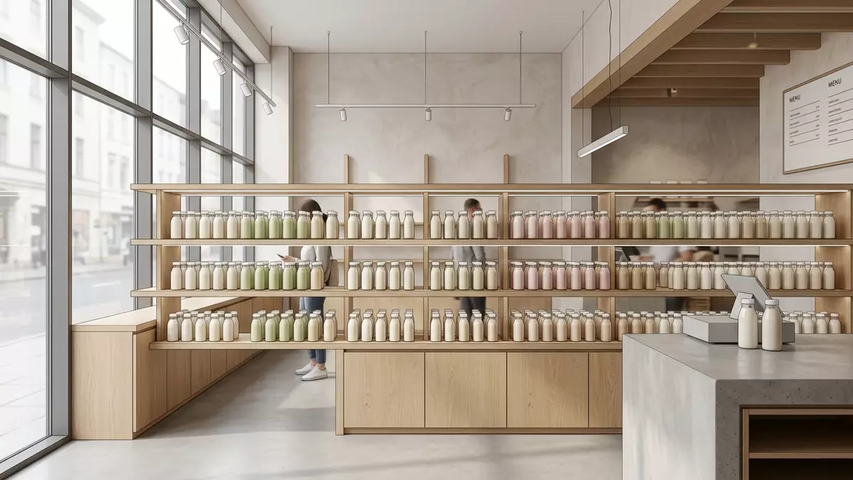Architektur-Render im Lebensmittelhandel mit Trinkjoghurt im Ausstellungsbereich