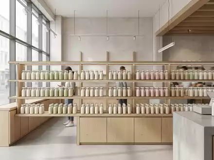 Architektur-Render im Lebensmittelhandel mit Trinkjoghurt zum Thema Actimel, ISIN FR0000120644, neutrales Tageslicht - Foto: THN