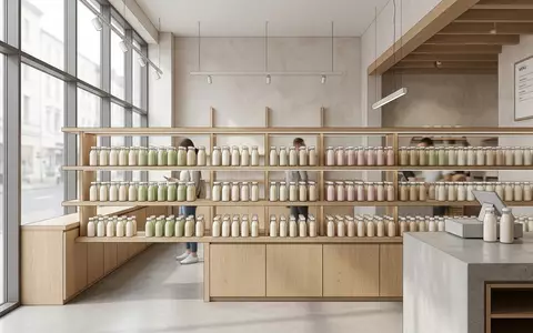 Architektur-Render im Lebensmittelhandel mit Trinkjoghurt zum Thema Actimel, ISIN FR0000120644, neutrales Tageslicht - Foto: THN