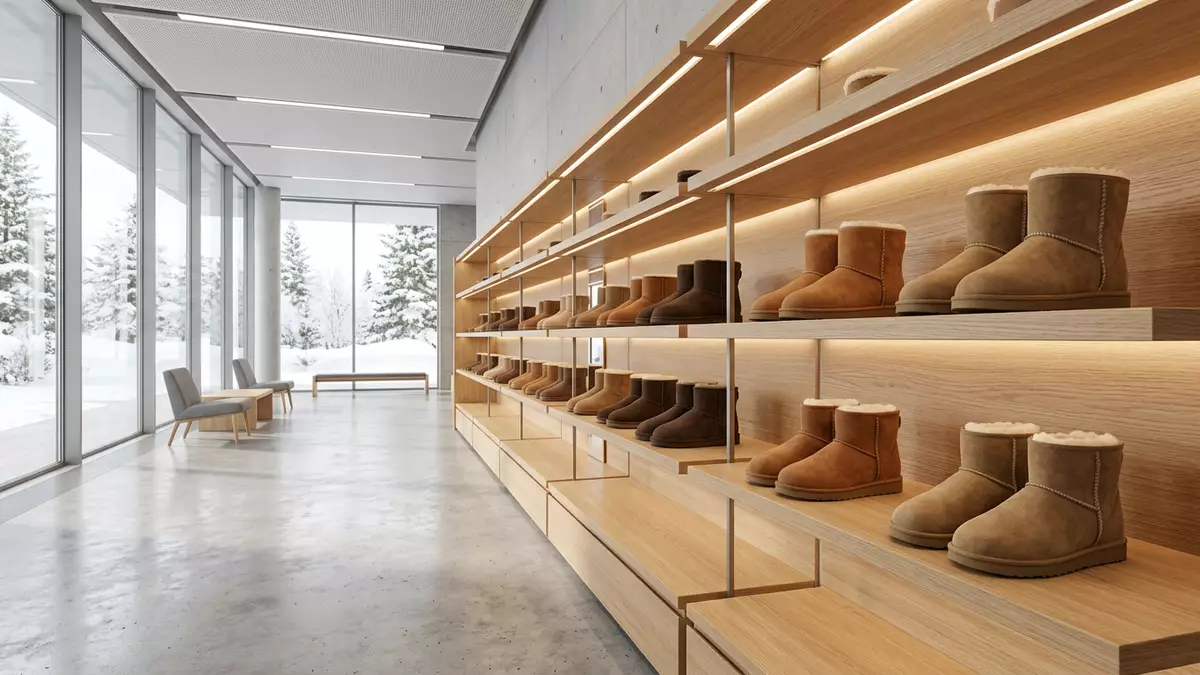 Architektur-Render im Schuhfachhandel mit Stiefelette im Ausstellungsbereich, neutral