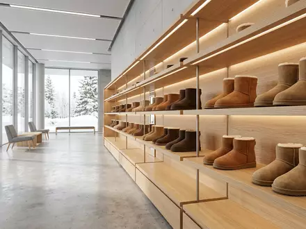 Architektur-Render im Schuhfachhandel mit Stiefelette zum Thema UGG Classic Mini, ISIN US2435371073, neutrales Tageslicht - Foto: THN