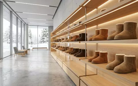 Architektur-Render im Schuhfachhandel mit Stiefelette zum Thema UGG Classic Mini, ISIN US2435371073, neutrales Tageslicht - Foto: THN