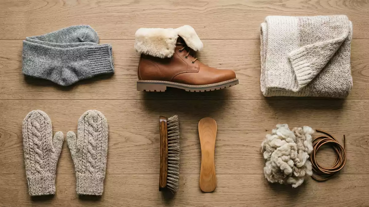 Flatlay-Arrangement rund um Stiefelette mit passenden Requisiten von oben, neutral