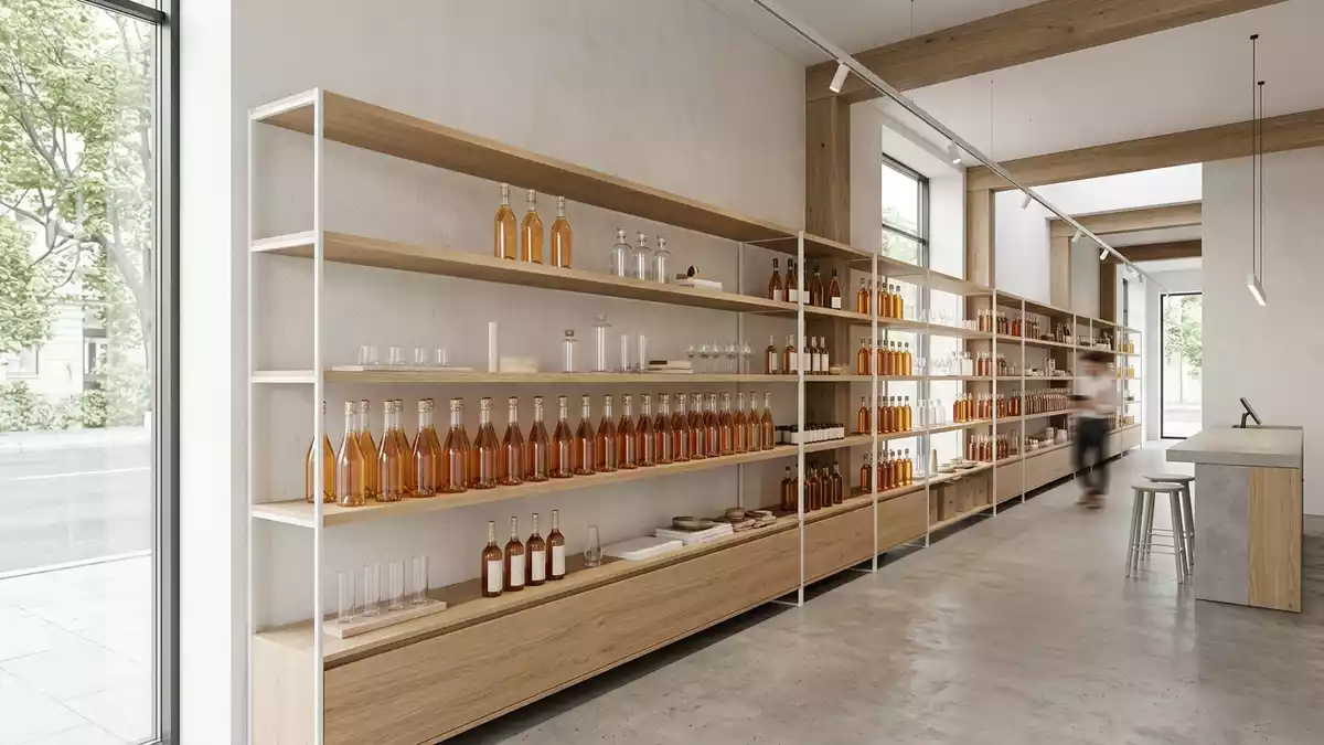 Architektur-Render im Spirituosenfachhandel mit Aperitif im Ausstellungsbereich