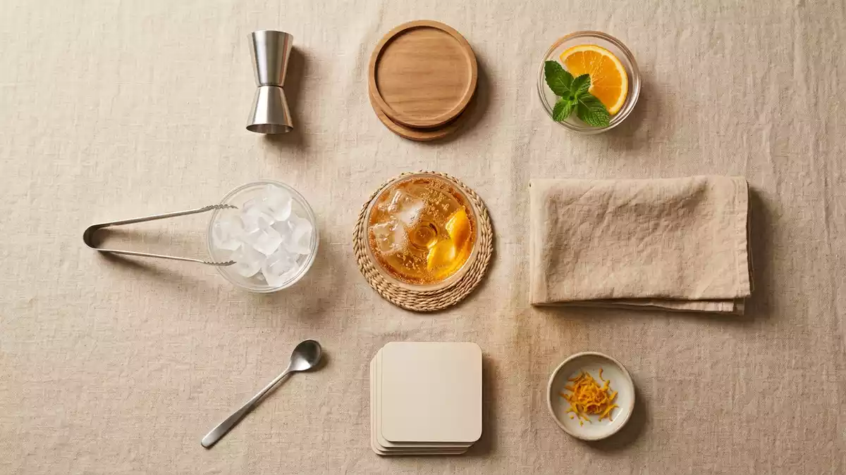 Flatlay-Arrangement rund um Aperitif mit passenden Requisiten von oben, neutral
