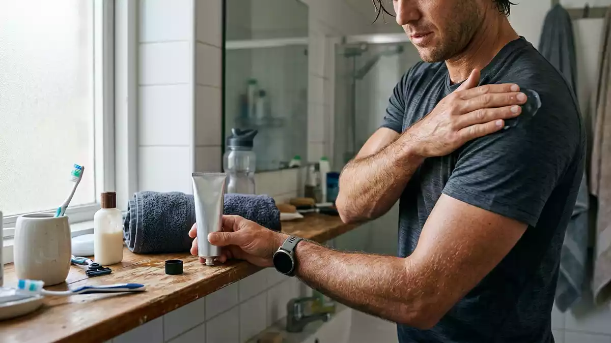Fotorealistische Ansicht von Schmerzgel nach dem Sport in realer Umgebung, neutral