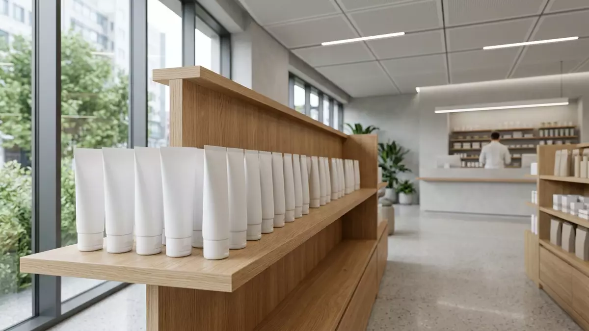 Architektur-Render im Apotheke mit Schmerzgel im Ausstellungsbereich, neutral