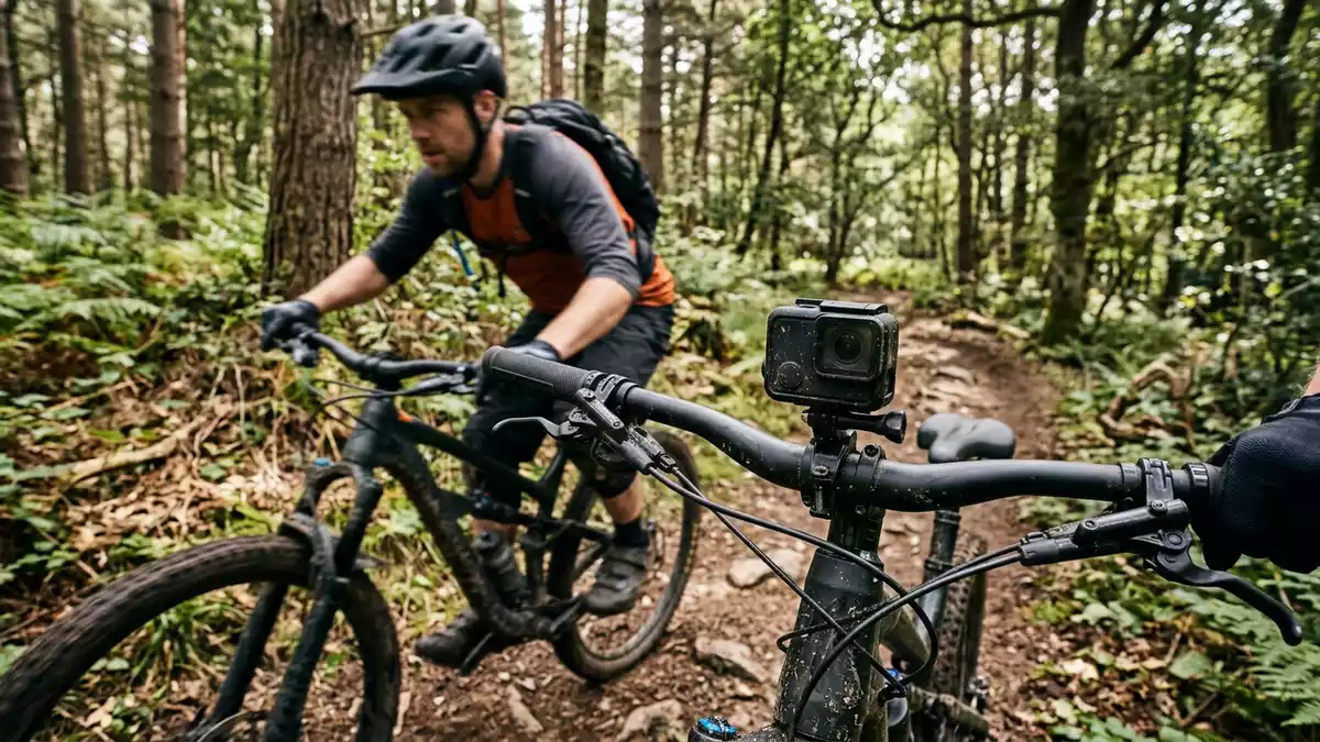 Fotorealistische Ansicht von Actionkamera beim Radfahren in realer Umgebung, neutral