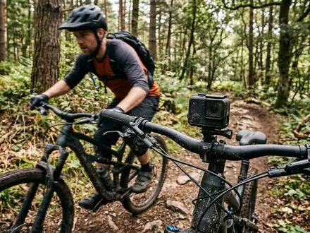 Fotorealistische Aufnahme von Actionkamera beim Radfahren zum Thema GoPro HERO12 Black, ISIN US38268T1034, natuerliches Licht - Foto: THN