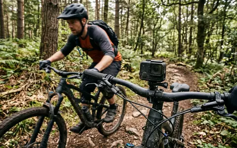 Fotorealistische Aufnahme von Actionkamera beim Radfahren zum Thema GoPro HERO12 Black, ISIN US38268T1034, natuerliches Licht - Foto: THN