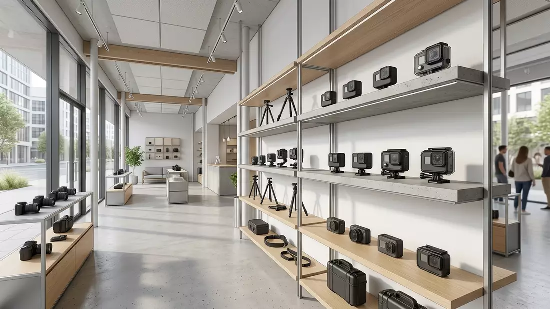 Architektur-Render im Fotofachgeschäft mit Actionkamera im Ausstellungsbereich