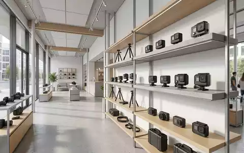 Architektur-Render im Fotofachgeschäft mit Actionkamera zum Thema GoPro HERO12 Black, ISIN US38268T1034, neutrales Tageslicht - Foto: THN