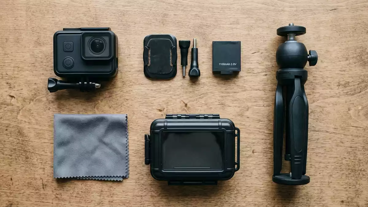 Flatlay-Arrangement rund um Actionkamera mit passenden Requisiten von oben, neutral