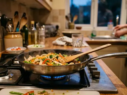 Fotorealistische Aufnahme von Bratpfanne in der Küche zum Thema Tefal Jamie Oliver Pfanne, ISIN FR0000121709 - Foto: THN