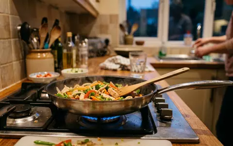 Fotorealistische Aufnahme von Bratpfanne in der Küche zum Thema Tefal Jamie Oliver Pfanne, ISIN FR0000121709 - Foto: THN