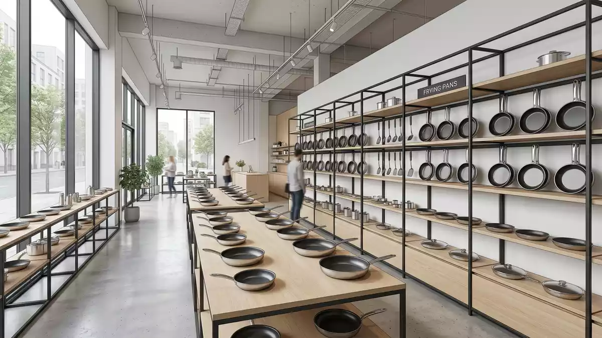Architektur-Render im Küchenfachhandel mit Bratpfanne im Ausstellungsbereich, neutral
