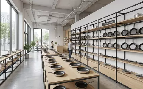 Architektur-Render im Küchenfachhandel mit Bratpfanne zum Thema Tefal Jamie Oliver Pfanne, ISIN FR0000121709, neutrales Tageslicht - Foto: THN