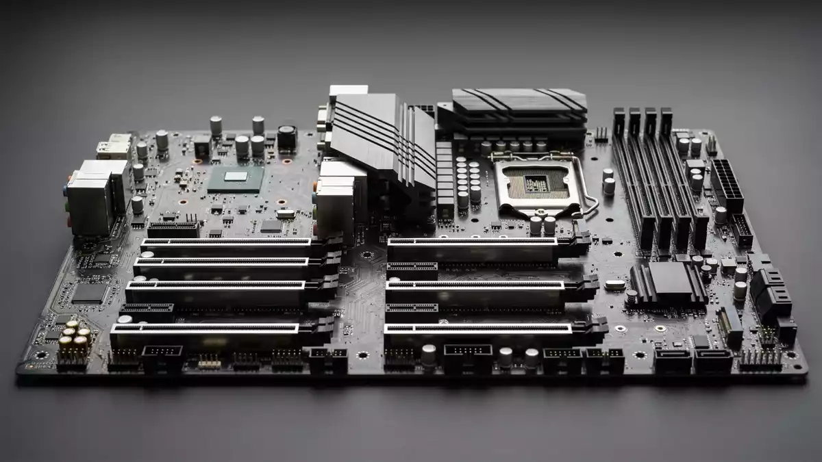 Fotorealistische Studioansicht von Computer-Mainboard in neutraler Produktdarstellung