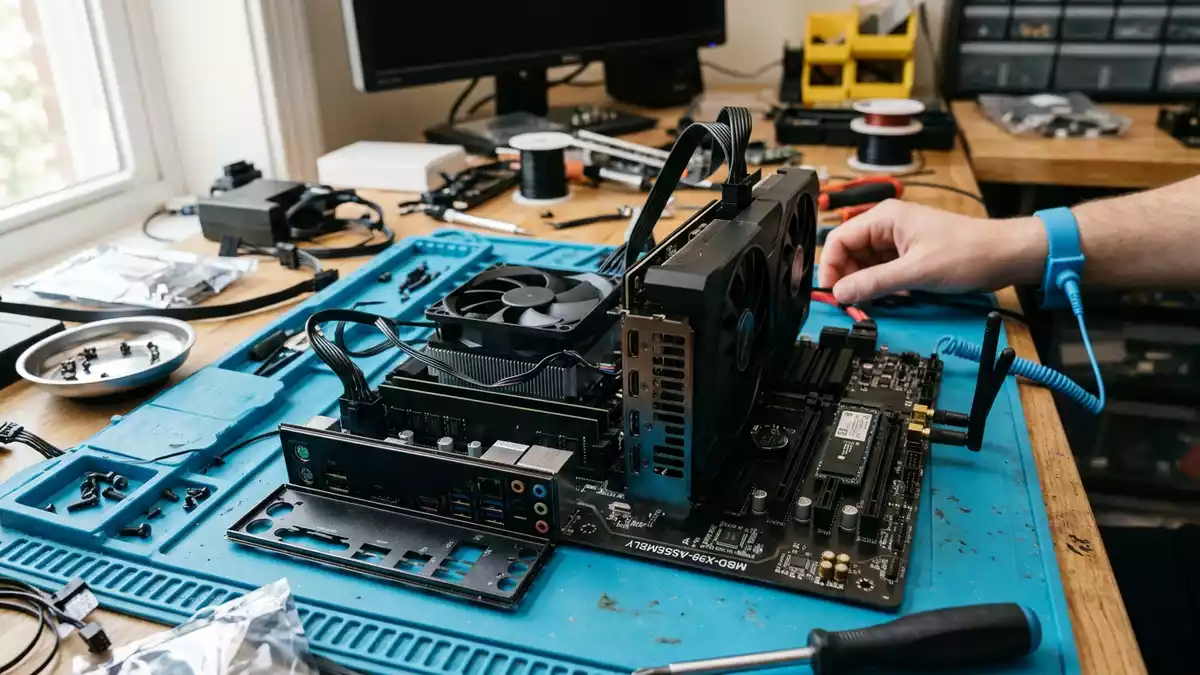 Fotorealistische Ansicht von Computer-Mainboard beim Computerbau in realer Umgebung