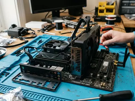 Fotorealistische Aufnahme von Computer-Mainboard beim Computerbau zum Thema Gigabyte Aorus Mainboard, ISIN TW0002376004, natuerliches Licht - Foto: THN