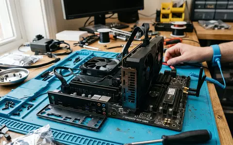 Fotorealistische Aufnahme von Computer-Mainboard beim Computerbau zum Thema Gigabyte Aorus Mainboard, ISIN TW0002376004, natuerliches Licht - Foto: THN