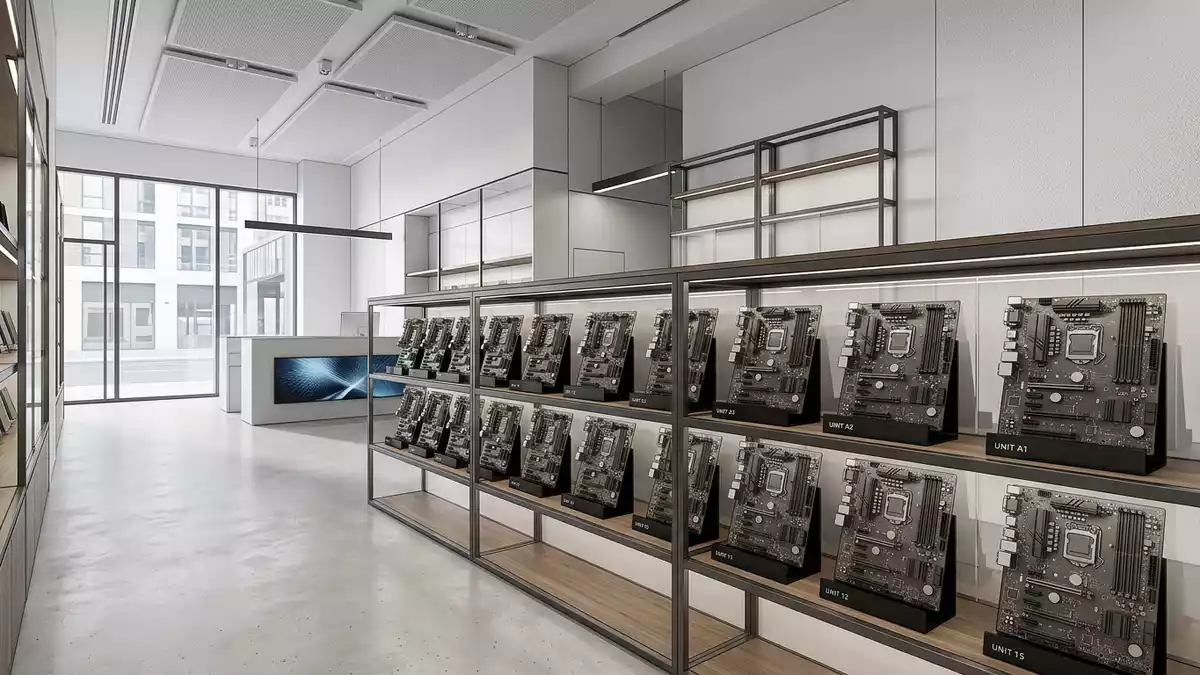 Architektur-Render im Computerfachhandel mit Computer-Mainboard im Ausstellungsbereich