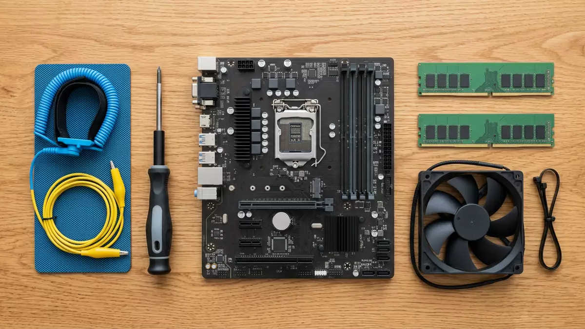 Flatlay-Arrangement rund um Computer-Mainboard mit passenden Requisiten von oben