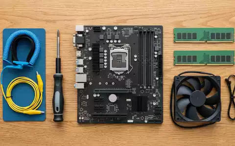 Flatlay-Arrangement rund um Computer-Mainboard zum Thema Gigabyte Aorus Mainboard, ISIN TW0002376004, weiches Oberlicht - Foto: THN