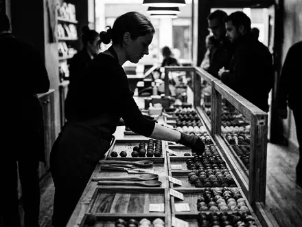 Schwarzweiss-Reportage mit Schokoladentrüffel zum Thema Lindt Lindor Kugeln, ISIN CH0010570759, hoher Kontrast - Foto: THN