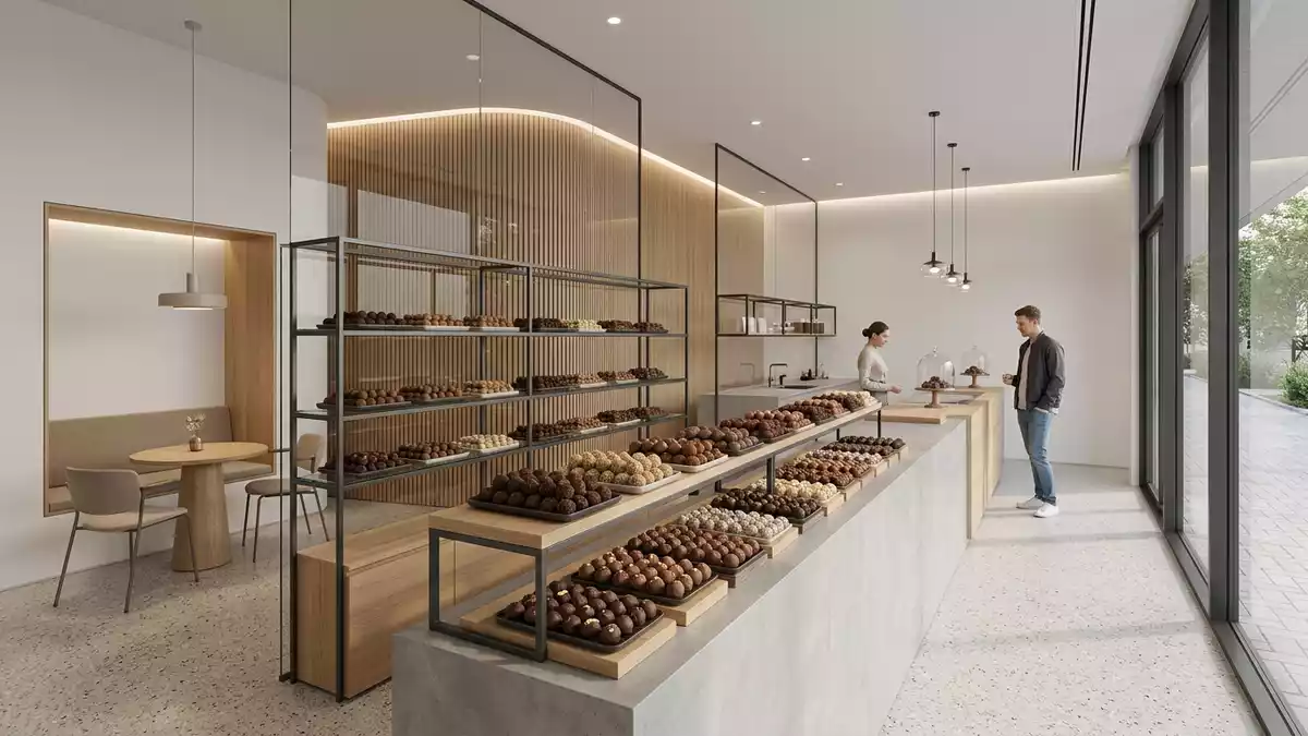 Architektur-Render im Confiserie mit Schokoladentrüffel im Ausstellungsbereich