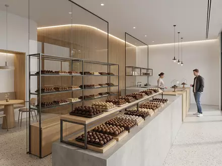 Architektur-Render im Confiserie mit Schokoladentrüffel zum Thema Lindt Lindor Kugeln, ISIN CH0010570759, neutrales Tageslicht - Foto: THN