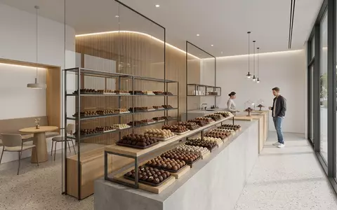 Architektur-Render im Confiserie mit Schokoladentrüffel zum Thema Lindt Lindor Kugeln, ISIN CH0010570759, neutrales Tageslicht - Foto: THN