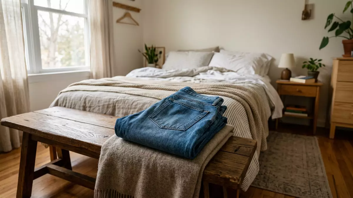 Fotorealistische Ansicht von Jeanshose im Alltag in realer Umgebung, neutral