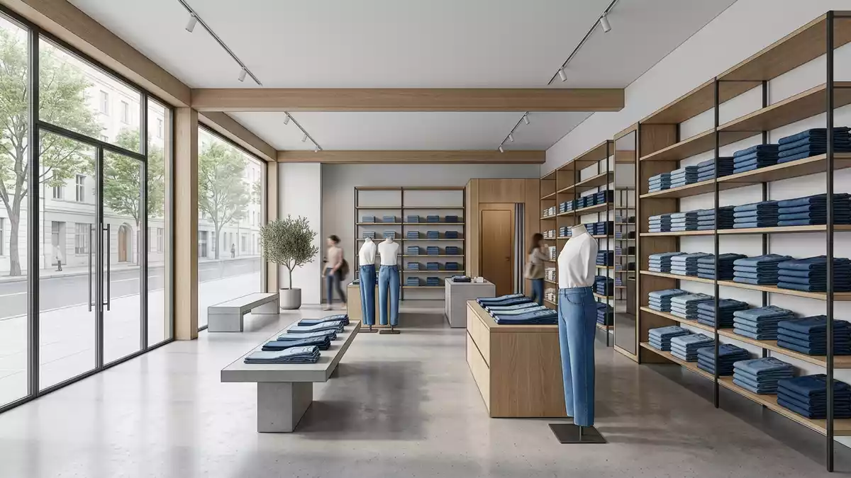 Architektur-Render im Modegeschäft mit Jeanshose im Ausstellungsbereich, neutral
