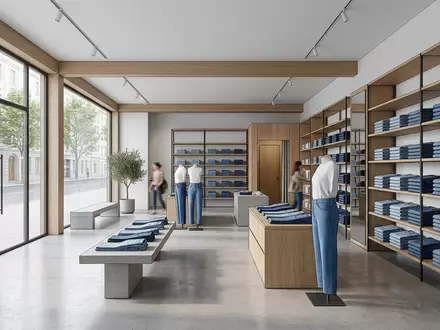 Architektur-Render im Modegeschäft mit Jeanshose zum Thema Levi's 501 Jeans, ISIN US52736R1023, neutrales Tageslicht - Foto: THN