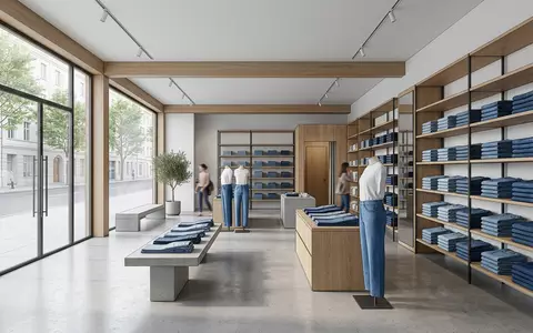 Architektur-Render im Modegeschäft mit Jeanshose zum Thema Levi's 501 Jeans, ISIN US52736R1023, neutrales Tageslicht - Foto: THN