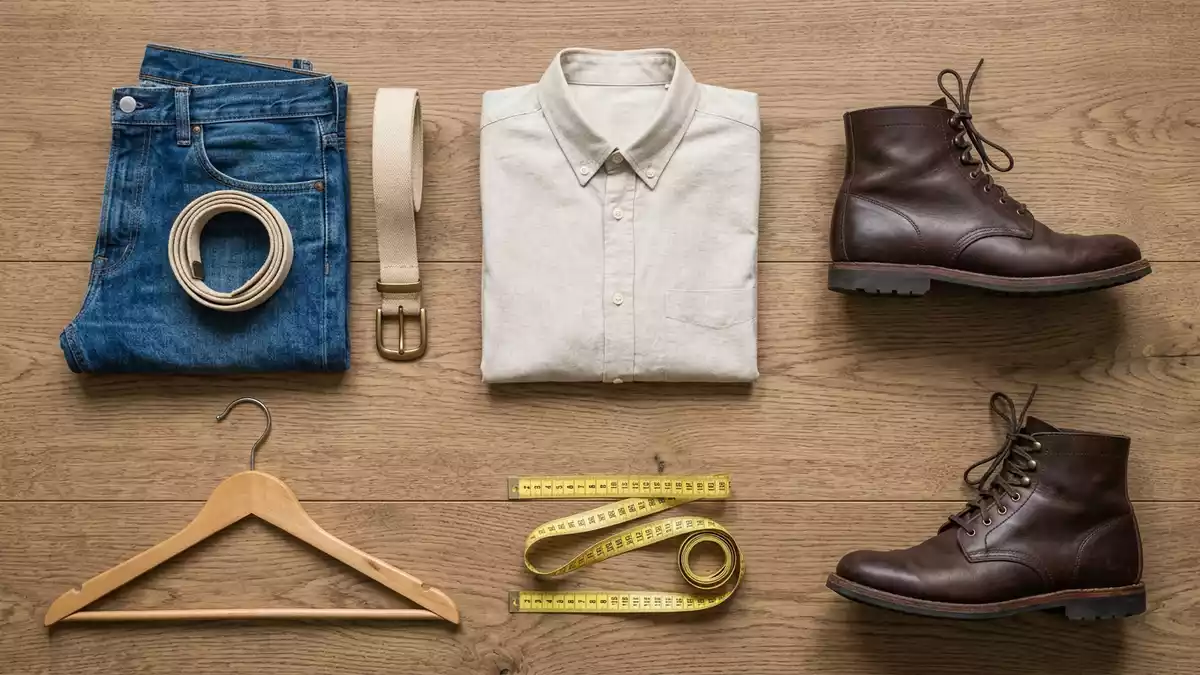 Flatlay-Arrangement rund um Jeanshose mit passenden Requisiten von oben, neutral