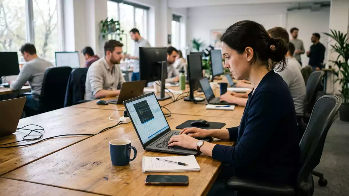 Fotorealistische Ansicht von Business-Laptop im Büro in realer Umgebung, neutral
