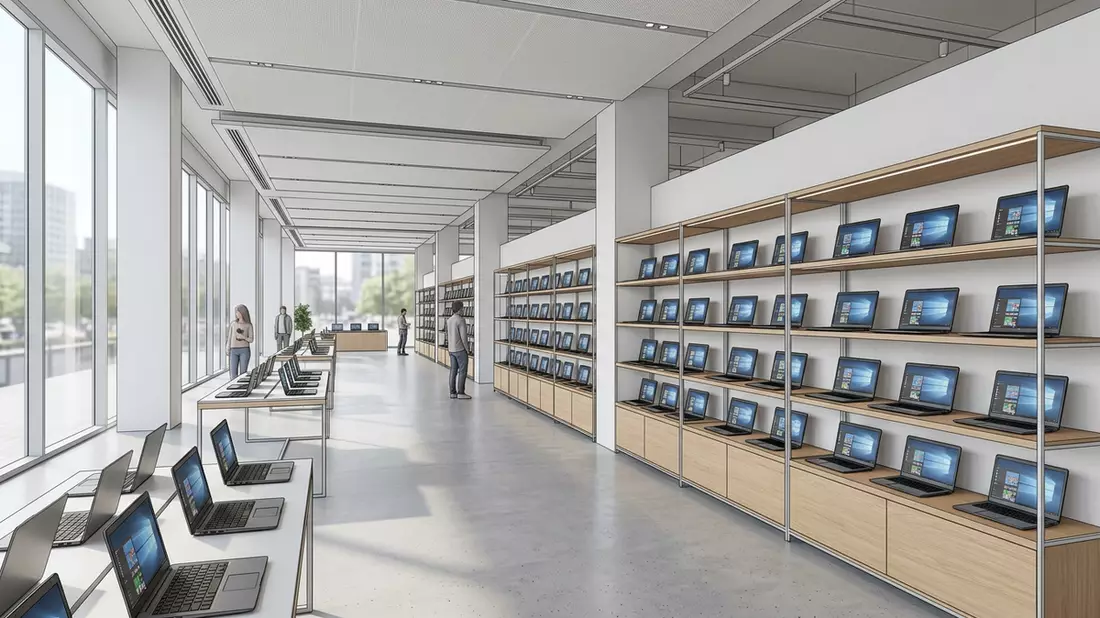 Architektur-Render im Elektronik-Fachmarkt mit Business-Laptop im Ausstellungsbereich