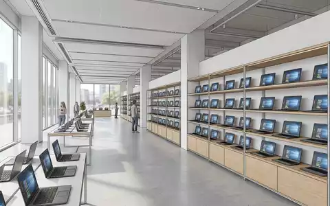 Architektur-Render im Elektronik-Fachmarkt mit Business-Laptop zum Thema Lenovo ThinkPad X1, ISIN HK0992009065, neutrales Tageslicht - Foto: THN