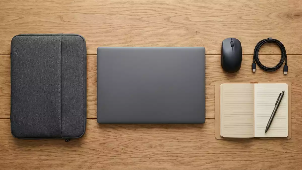 Flatlay-Arrangement rund um Business-Laptop mit passenden Requisiten von oben, neutral