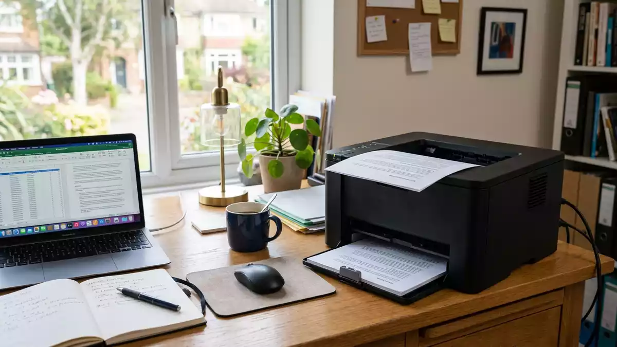 Fotorealistische Ansicht von Bürodrucker im Homeoffice in realer Umgebung, neutral