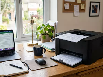 Fotorealistische Aufnahme von Bürodrucker im Homeoffice zum Thema Kyocera Ecosys Drucker, ISIN JP3249600002, natuerliches Licht - Foto: THN