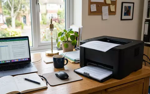 Fotorealistische Aufnahme von Bürodrucker im Homeoffice zum Thema Kyocera Ecosys Drucker, ISIN JP3249600002, natuerliches Licht - Foto: THN