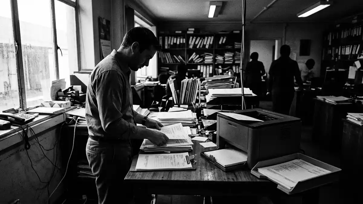 Schwarzweiss-Reportagebild mit Bürodrucker in dokumentarischer Arbeitsumgebung