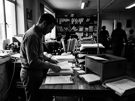 Schwarzweiss-Reportage mit Bürodrucker zum Thema Kyocera Ecosys Drucker, ISIN JP3249600002, hoher Kontrast - Foto: THN