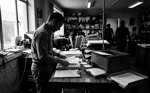 Schwarzweiss-Reportage mit Bürodrucker zum Thema Kyocera Ecosys Drucker, ISIN JP3249600002, hoher Kontrast - Foto: THN