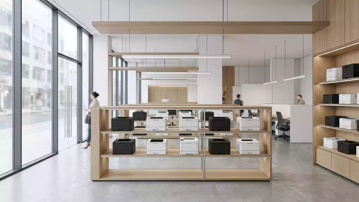 Architektur-Render im Bürofachhandel mit Bürodrucker im Ausstellungsbereich, neutral