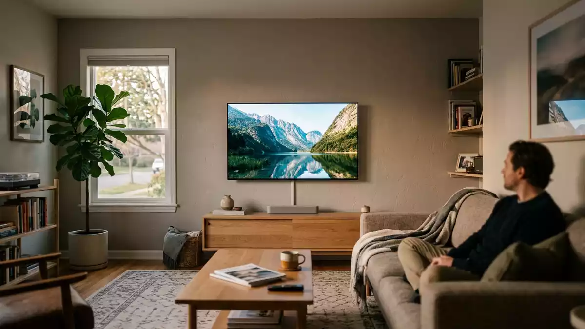 Fotorealistische Ansicht von Fernsehgerät im Wohnzimmer in realer Umgebung, neutral