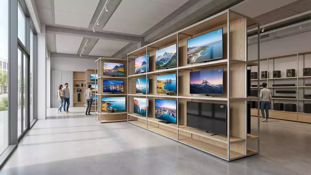 Architektur-Render im Elektronik-Fachmarkt mit Fernsehgerät im Ausstellungsbereich